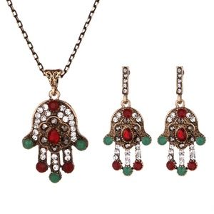 New Women's Crystal Hamsa Necklace and Earring Set